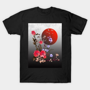 red watercolor sumiE flowers with a blood moon T-Shirt